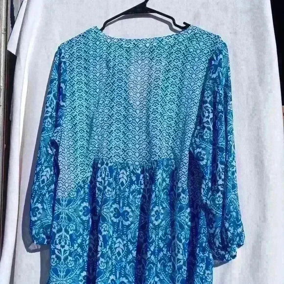 Womens L tunic boho cottage core hippie sheer blue white geo print blouse - Picture 5 of 7